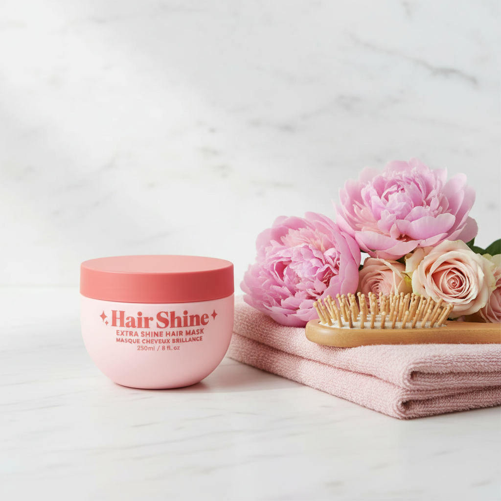 Pot Pixie Woo Hair Shine Masque sur marbre blanc avec fleurs roses et brosse