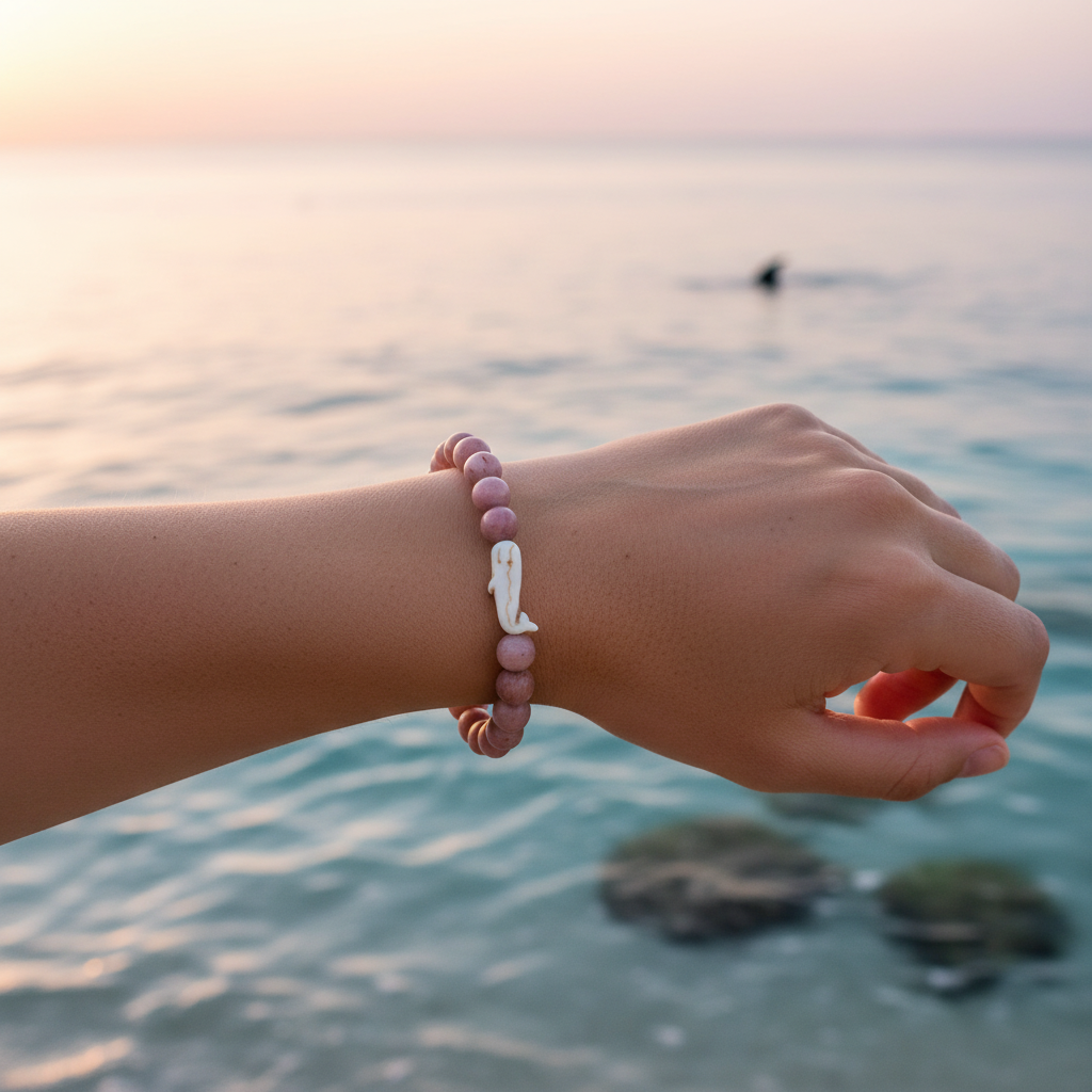 Bracelet Fahlo Baleine Rose porté au poignet près de l’océan
