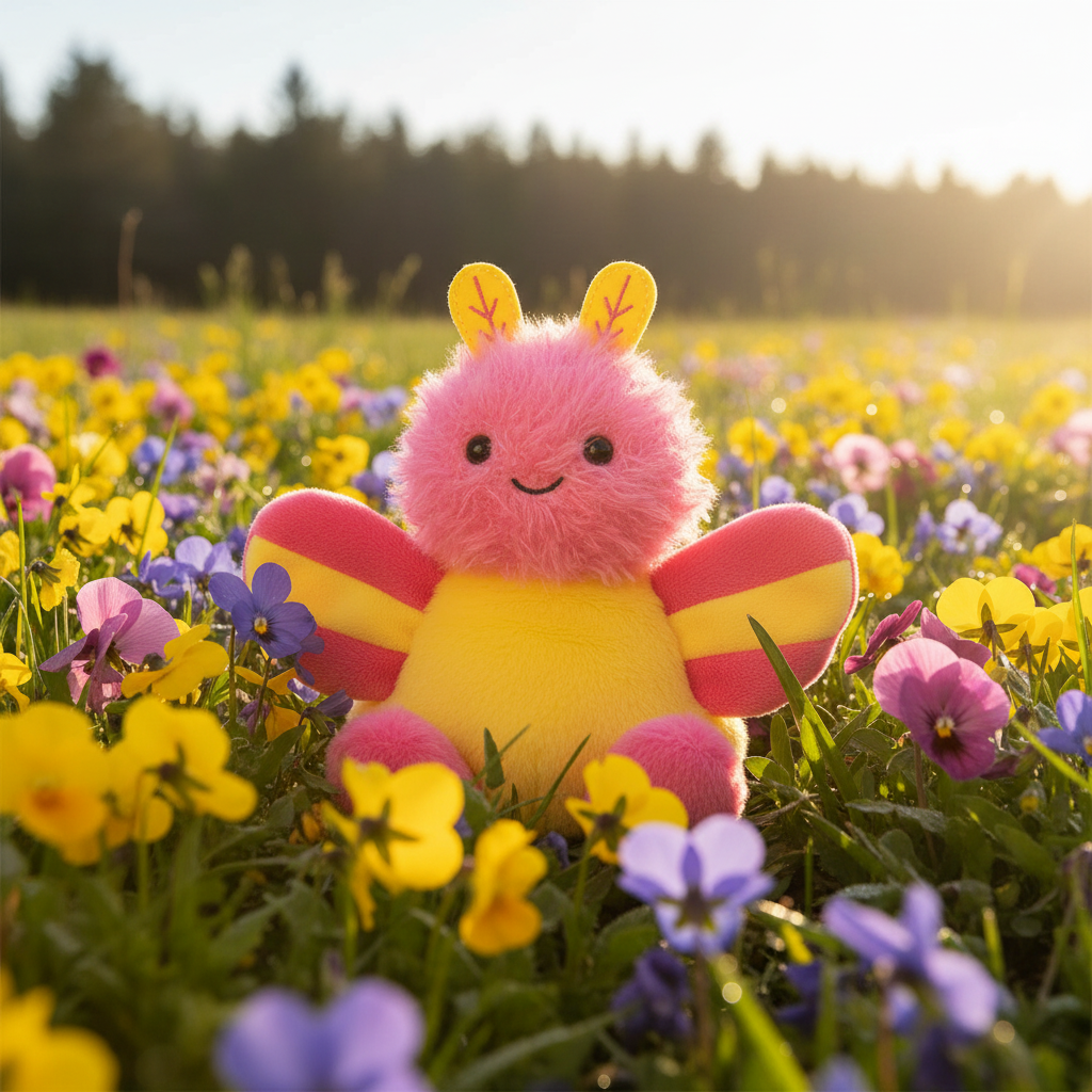 Peluche papillon rose Astrid Aurora dans ambiance prairie fleurie lifestyle