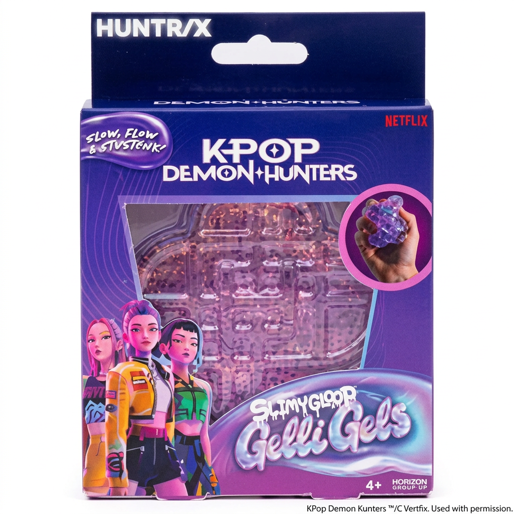 Jouet squishy Gelli Gel rose KPop Demon Hunters dans son emballage sur fond blanc