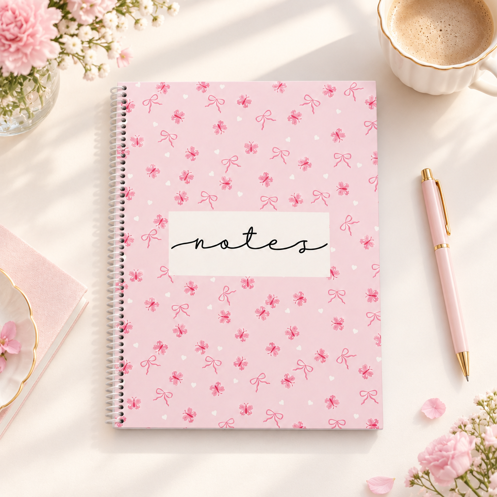 Cahier de notes rose à motifs délicats présenté sur un bureau avec des fleurs, une tasse et un stylo