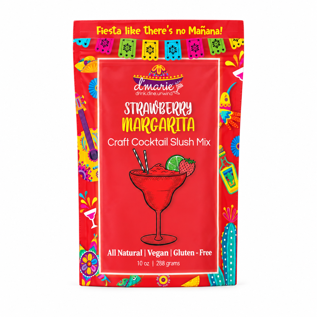 Pochette D’Marie Strawberry Margarita Craft Cocktail Slush Mix photographiée sur fond blanc carré, indiquant 10 oz et 288 grams
