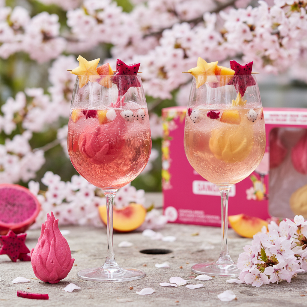 Bombes Sangria fruit du dragon dans des verres de sangria rosée, ambiance jardin printanier