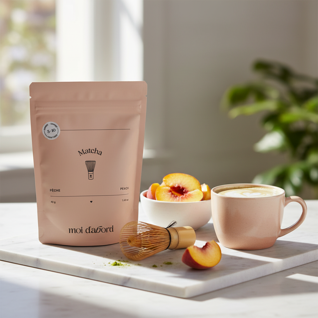 Sachet Matcha Pêche Moi d'abord sur marbre avec pêches fraîches et latte