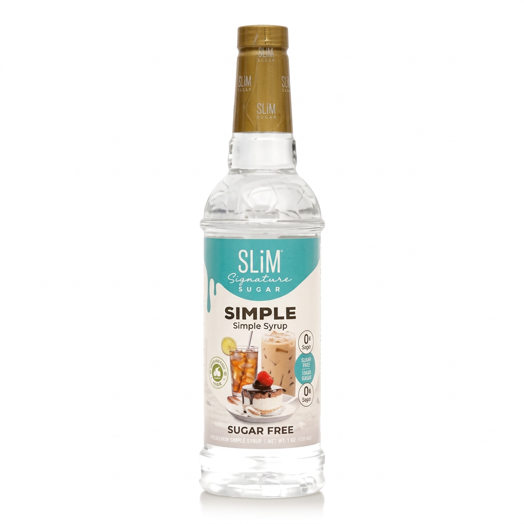 Bouteille de sirop simple Slim sur fond blanc, format carré et cadrage serré.