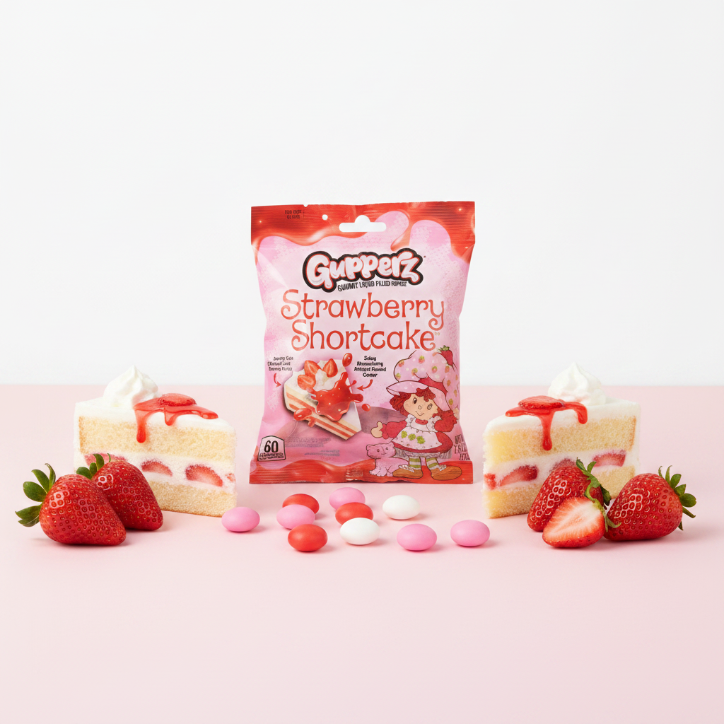 Gupperz Strawberry Shortcake gummy popperz avec fraises fraîches