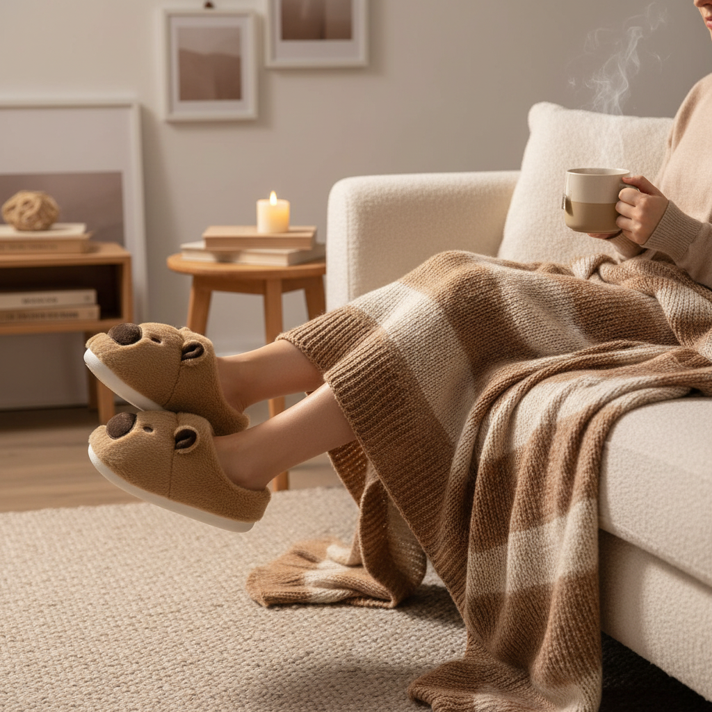 Pantoufles peluche Capybara brune portées sur un canapé confortable avec couverture, ambiance cocooning