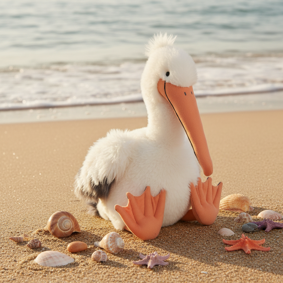 Peluche pélican Jellycat Keli posée sur une plage avec des coquillages