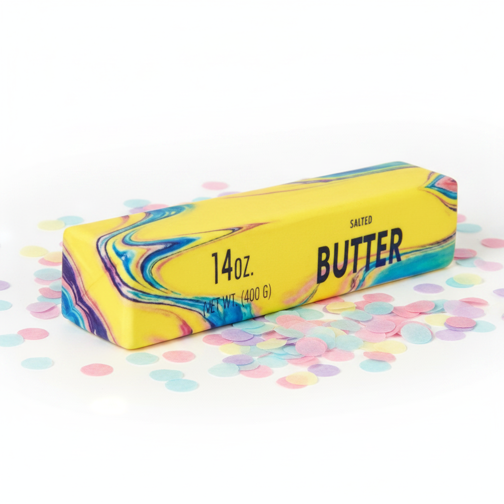 Beurre squishy multicolore sur fond blanc avec confettis pastels