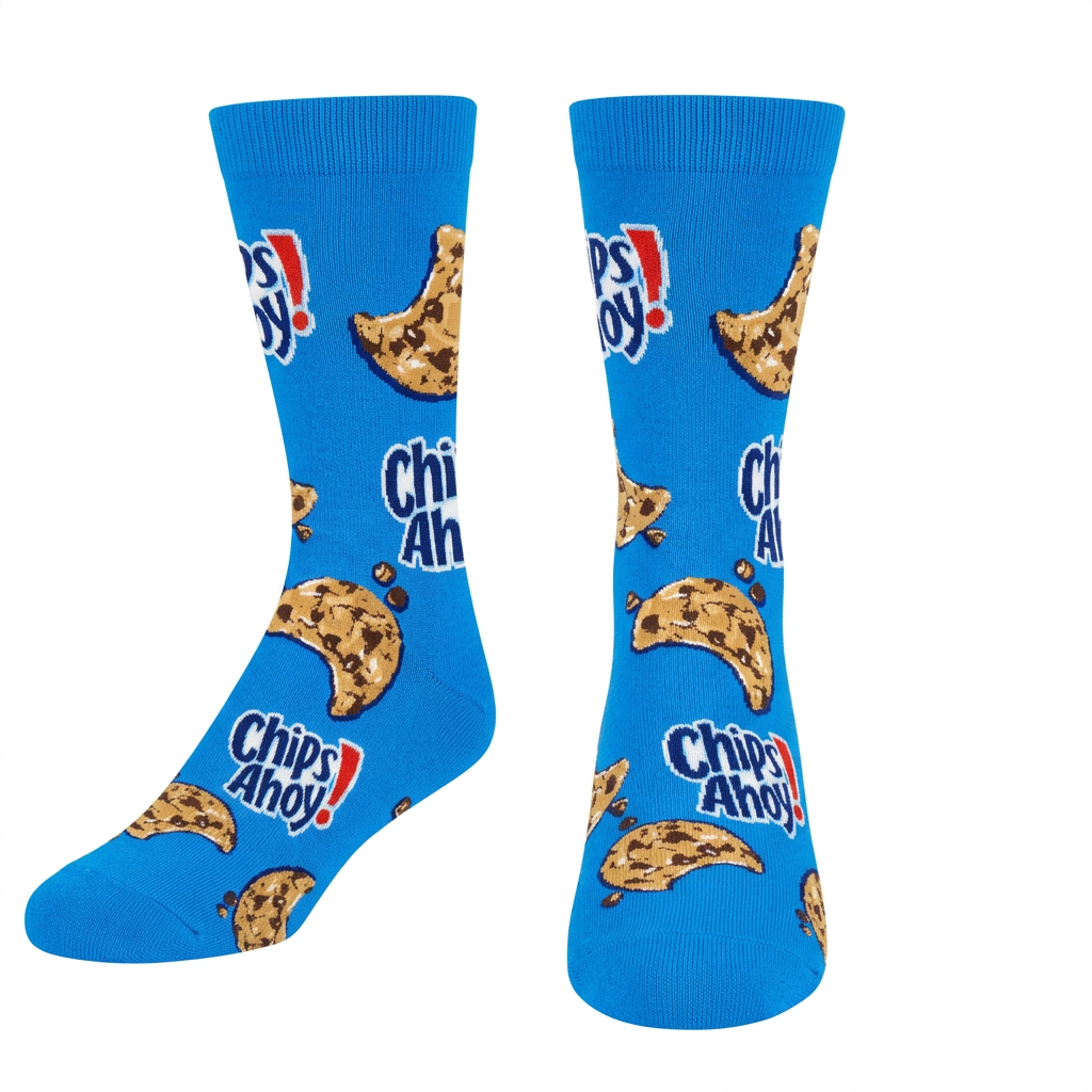 Paire de chaussettes bleues Chips Ahoy à motifs de biscuits sur fond blanc.