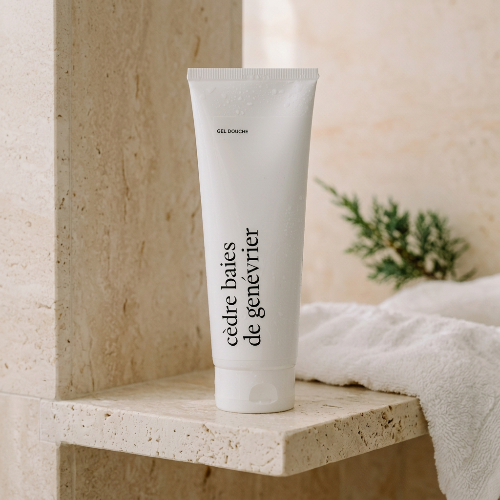 Gel douche Cèdre et baies de genévrier Marée dans une ambiance salle de bain crème