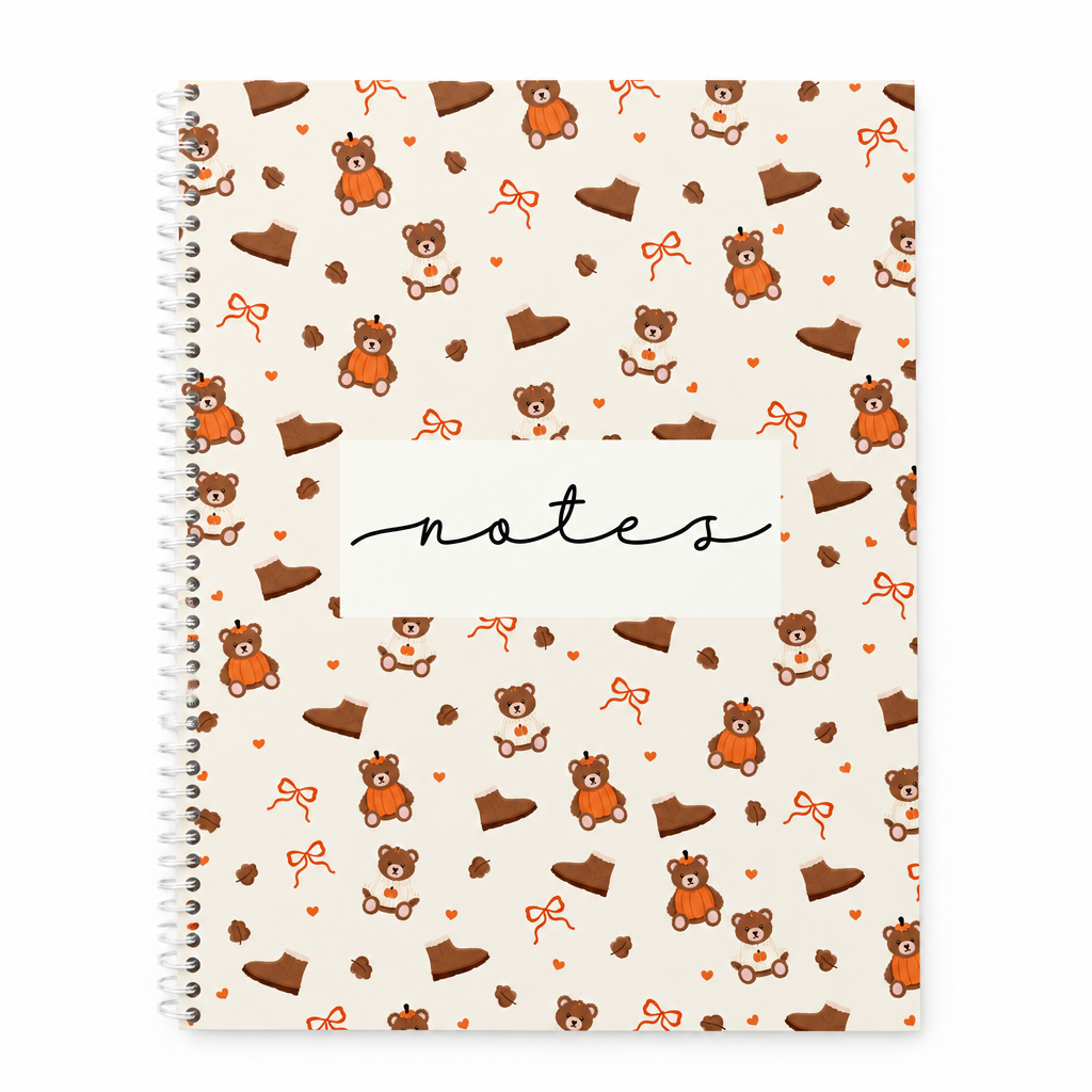 Cahier de notes à spirale avec motifs d’oursons automnaux sur fond blanc