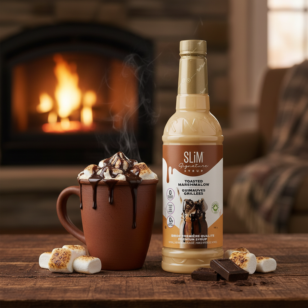 Sirop SLiM Guimauves Grillées avec chocolat chaud et guimauves toastées, ambiance hiver cosy