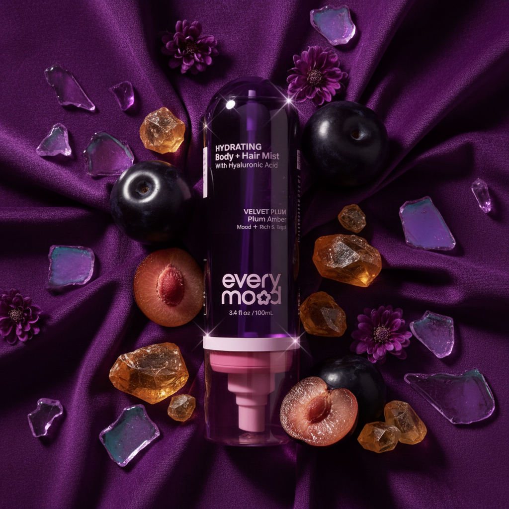 Brume hydratante corps et cheveux Everymood Velvet Plum sur fond blanc avec prunes et cristaux d'ambre