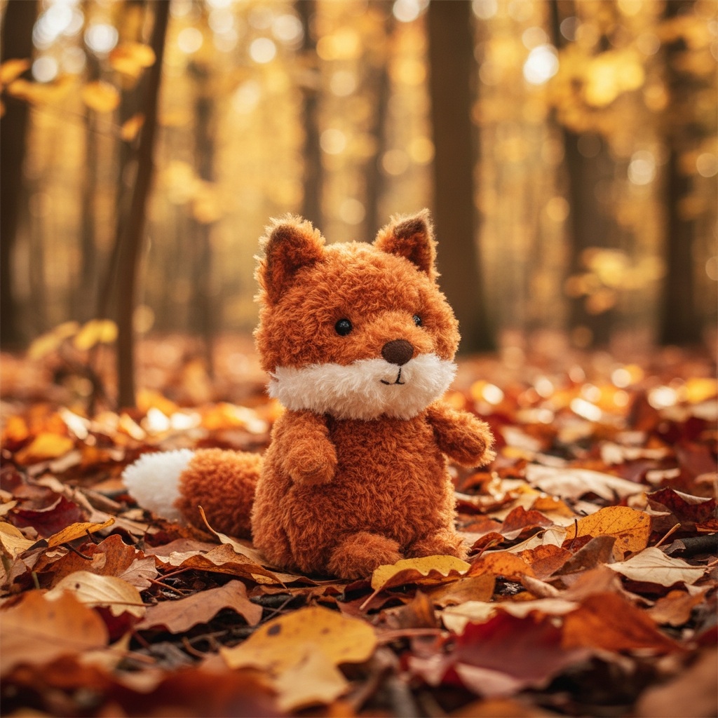 Jellycat Little Fox — Peluche petit renard roux dans une forêt automnale avec feuilles dorées