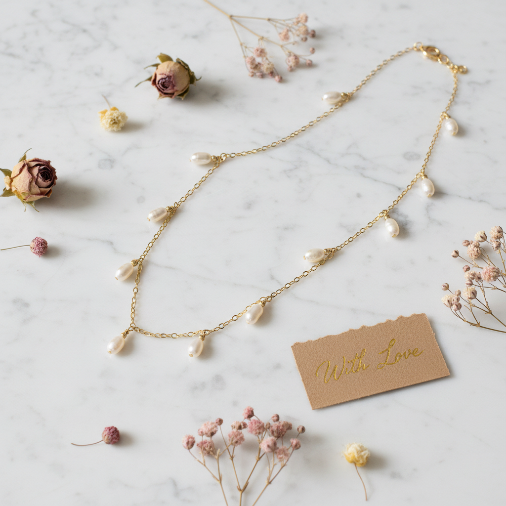Flat lay collier Penelope perles cascade sur marbre blanc