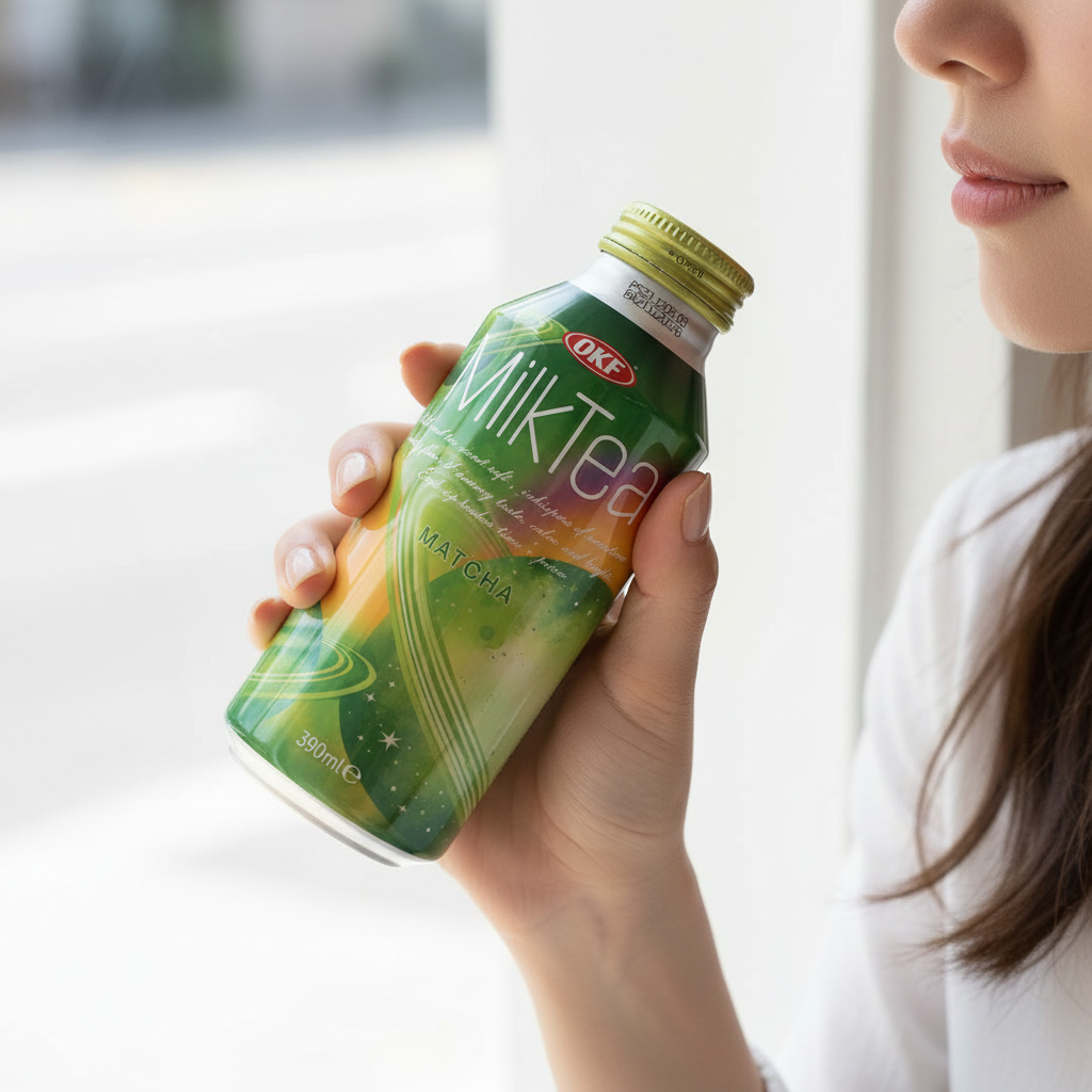 Main tenant la canette OKF Milk Tea Matcha 390ml