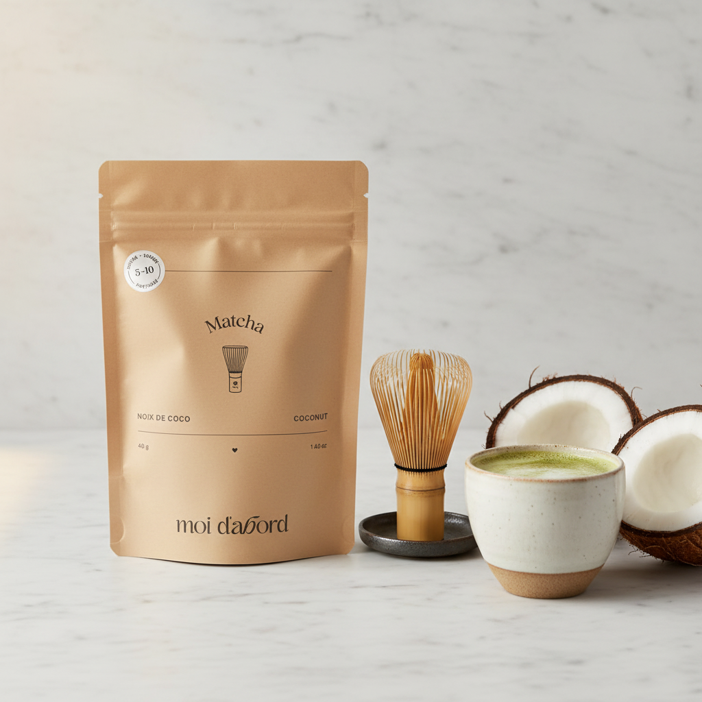 Sachet Matcha Noix de Coco Moi d'abord sur marbre avec noix de coco et latte