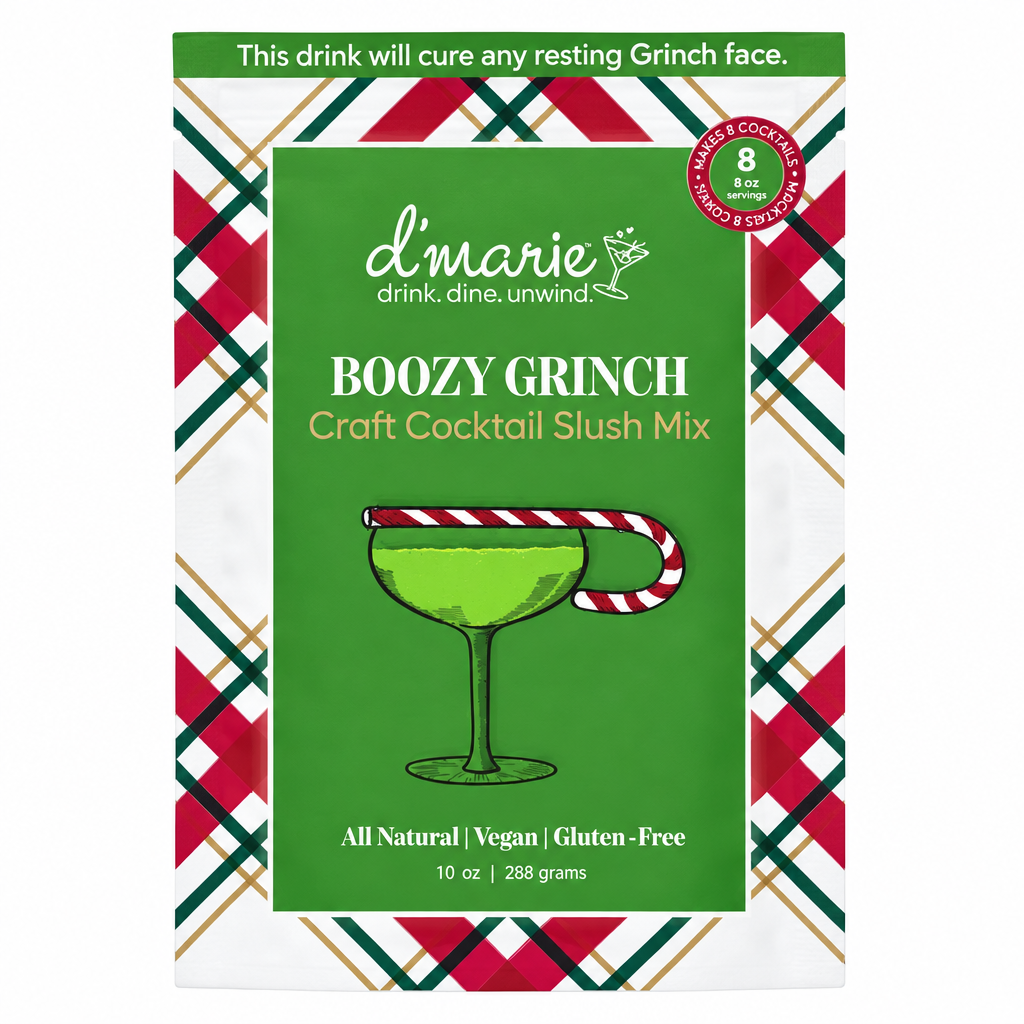 Pochette D’Marie Boozy Grinch Craft Cocktail Slush Mix sur fond blanc carré, 10 oz et 288 grams