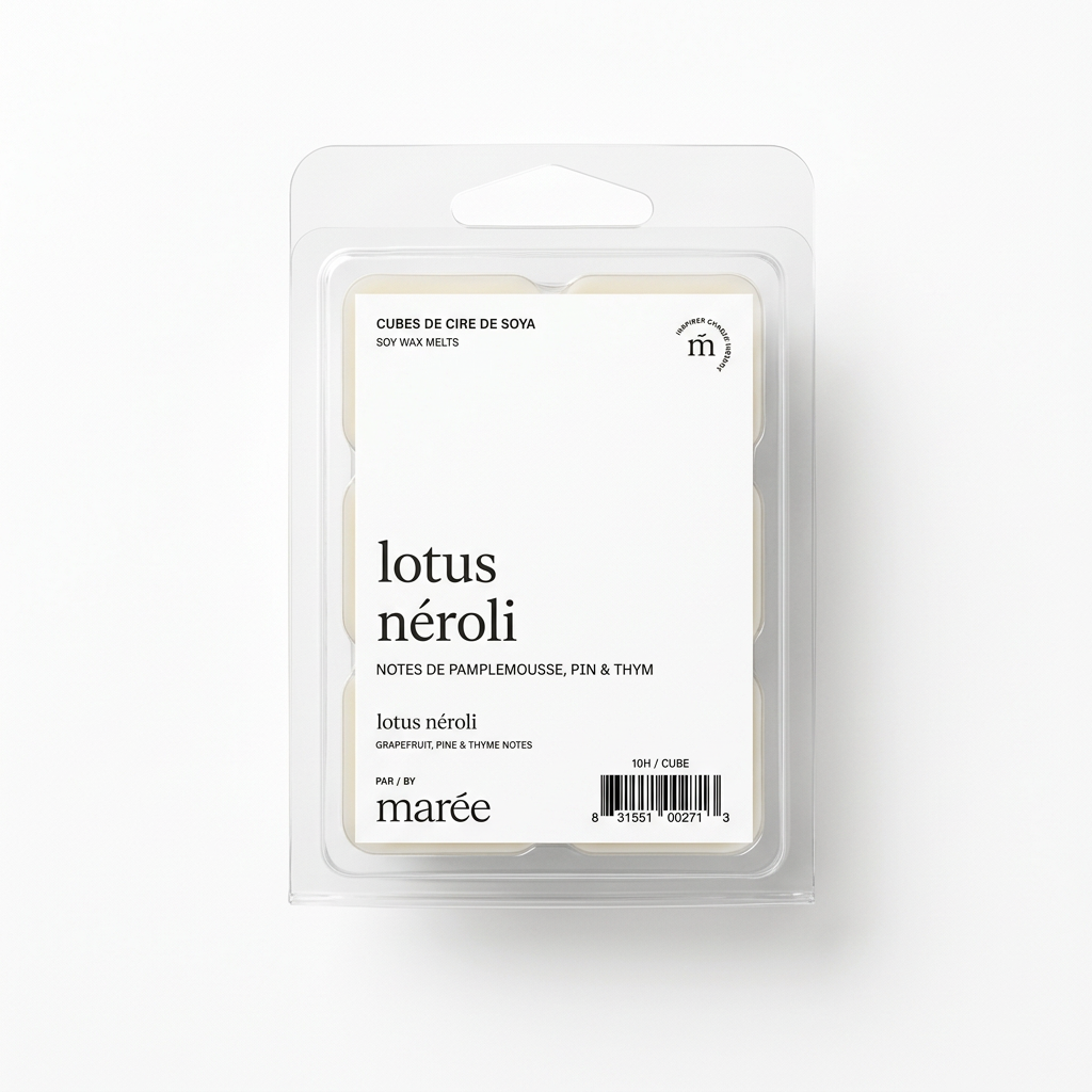 Cubes de cire de soya Lotus et néroli Marée sur fond blanc