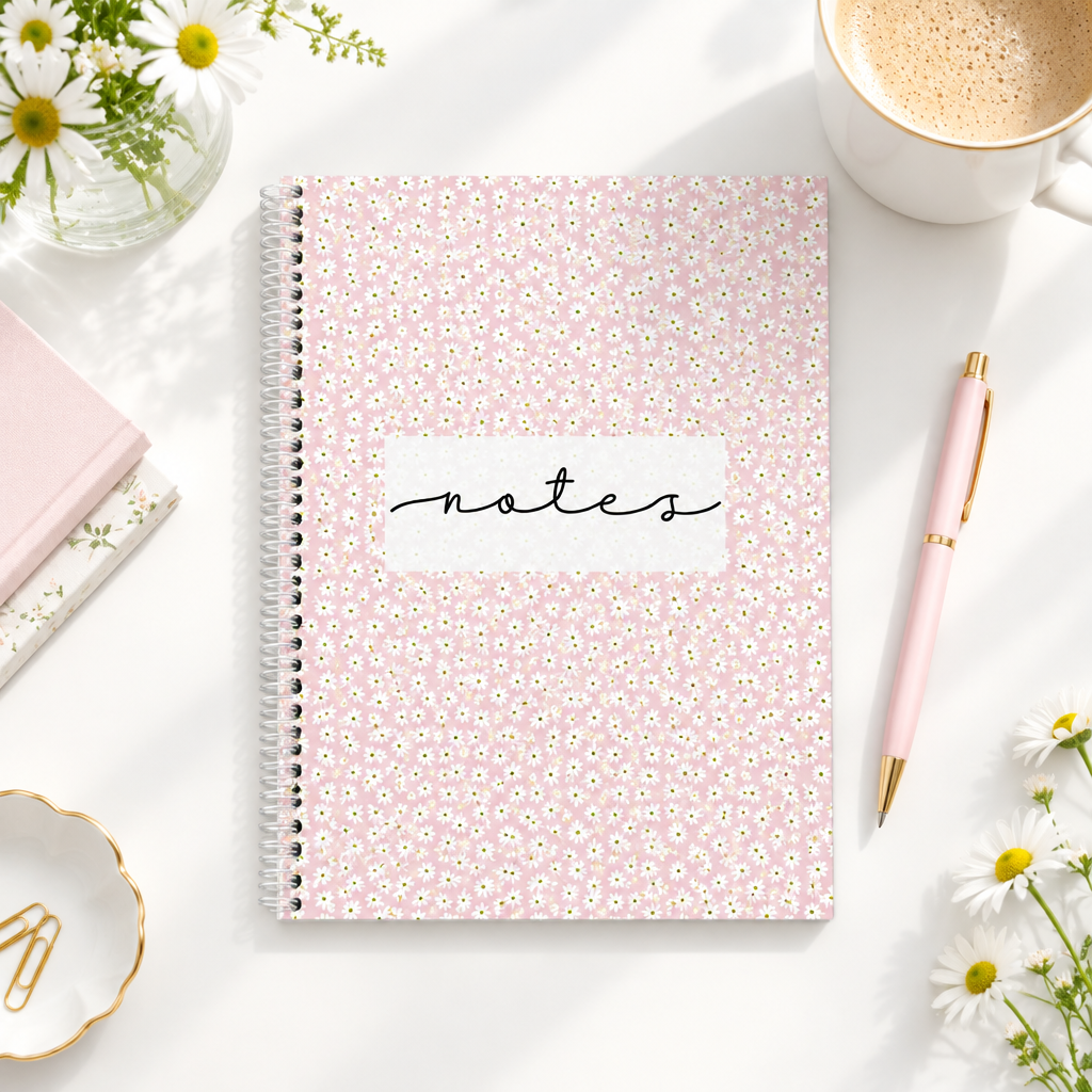 Cahier de notes rose à marguerites présenté sur un bureau lumineux avec une tasse, un stylo et des fleurs