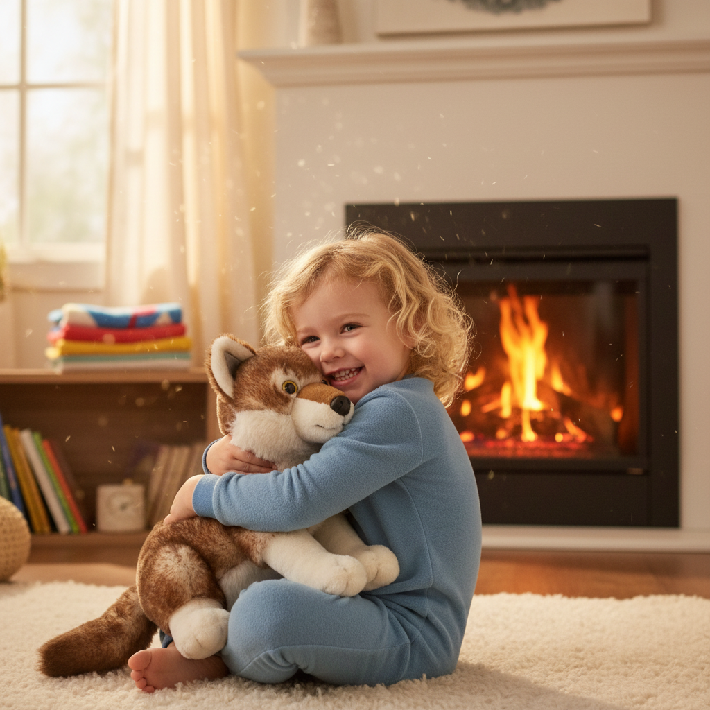 Enfant câlinant la peluche loup Fahlo