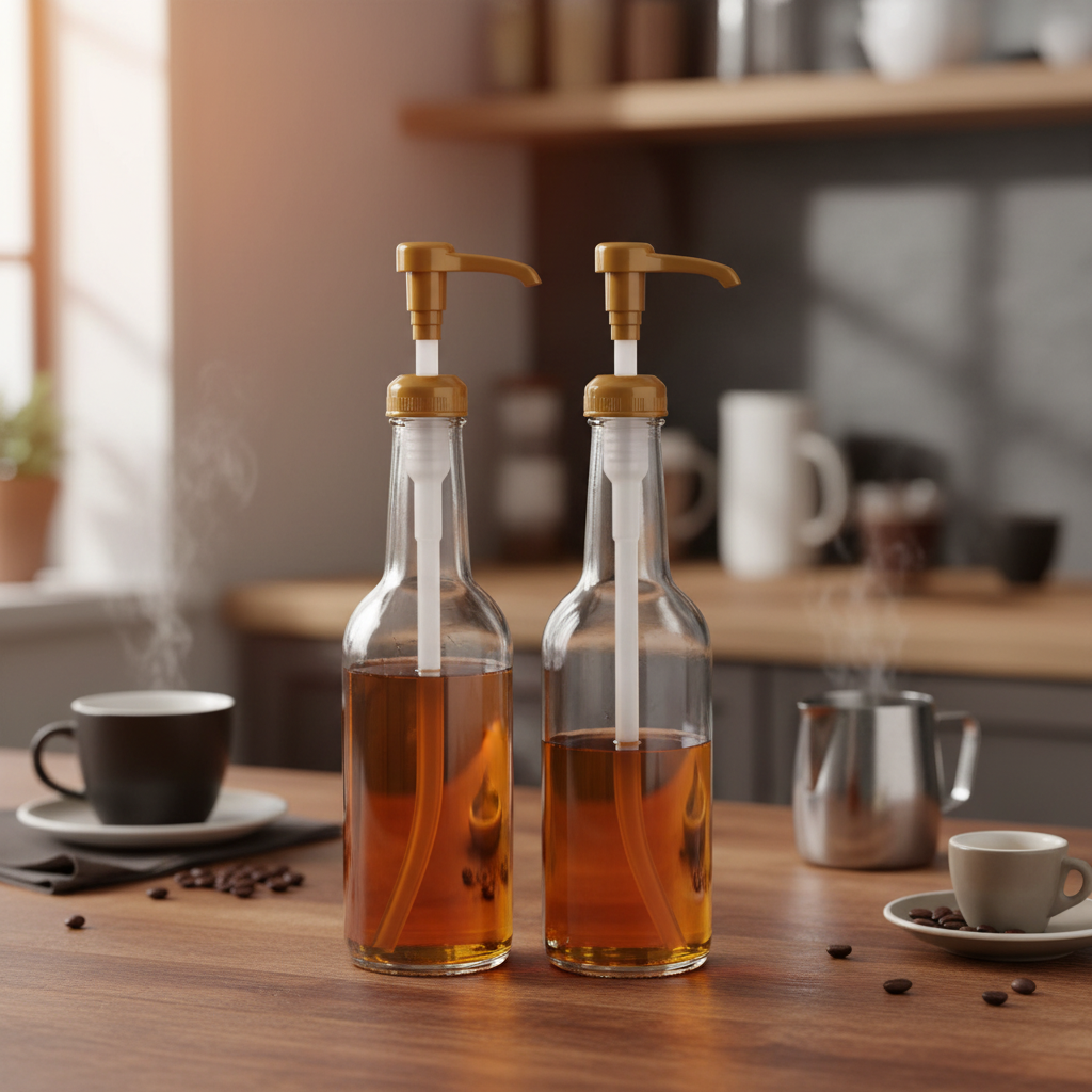 Deux pompes dorées SLiM installées sur bouteilles de sirop sur comptoir café