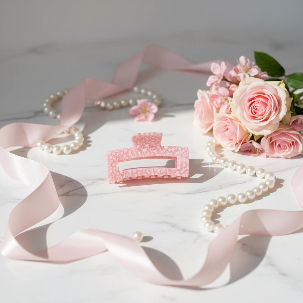 Petite pince Pixie Woo Manon + Joanie sur marbre blanc avec fleurs roses