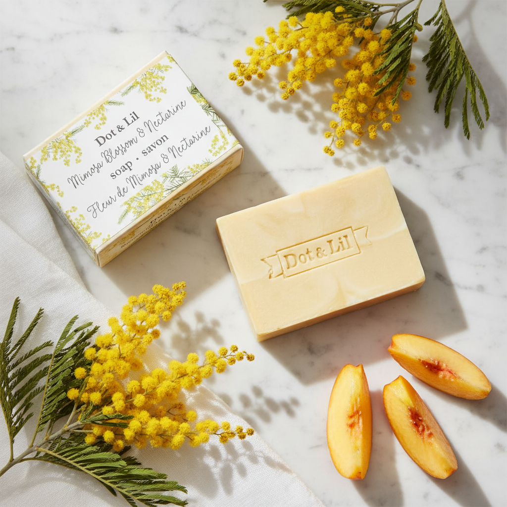 Savon Fleur de Mimosa Nectarine Dot & Lil flat lay avec mimosa et nectarine