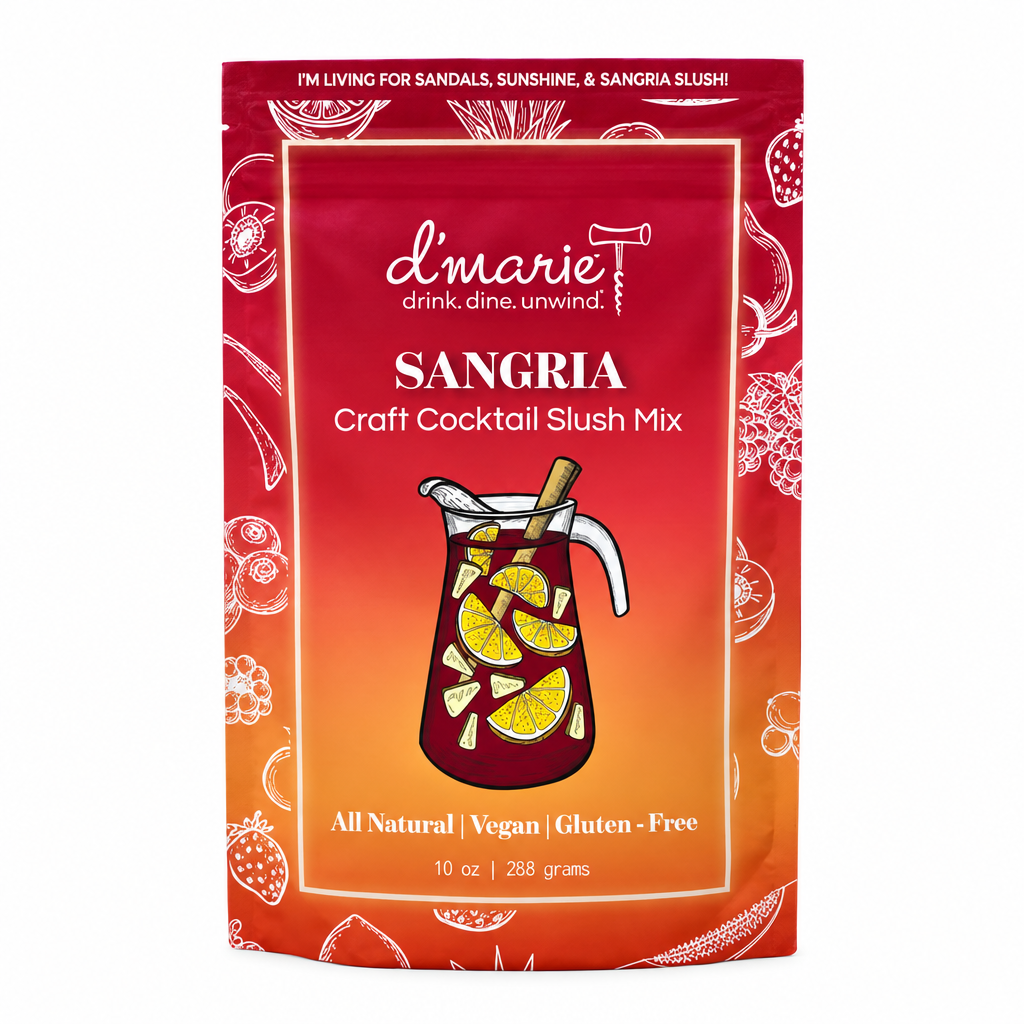 Pochette D’Marie Sangria Craft Cocktail Slush Mix sur fond blanc carré, indiquant 10 oz et 288 grams