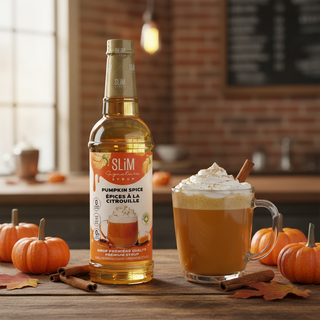 Sirop SLiM Épices à la Citrouille avec pumpkin spice latte, crème fouettée et cannelle, ambiance automne cosy