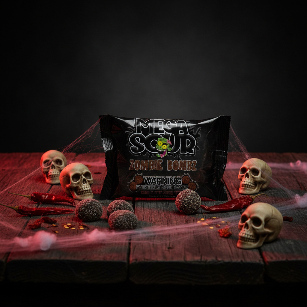 Mega Sour Zombie Bombz Hot Chili Twist Barnett's 104g sur table Halloween sombre avec piments séchés, toiles d'araignée et crânes