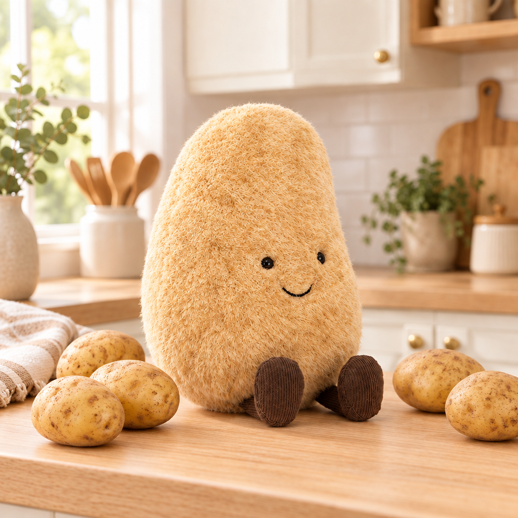 Peluche Amuseable Patate de Jellycat sur un comptoir de cuisine avec quelques pommes de terre autour