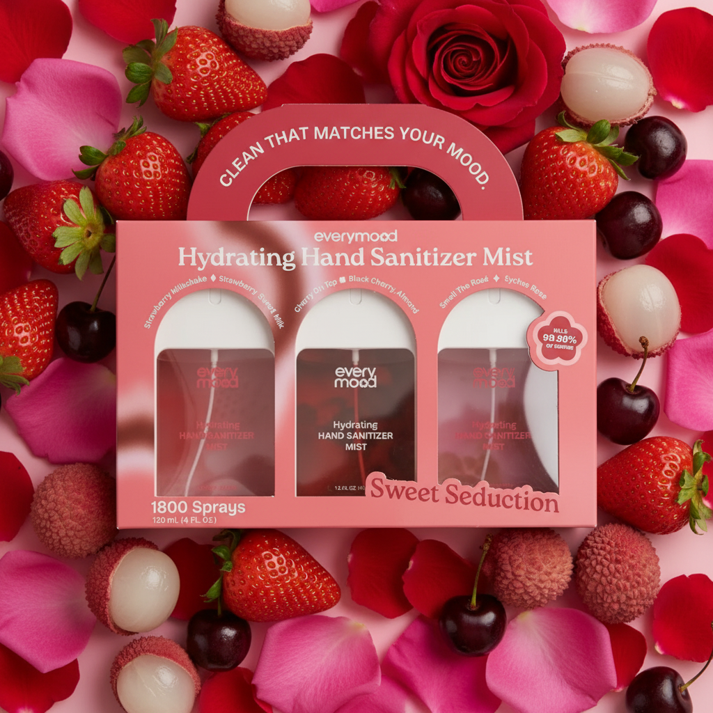 Coffret Everymood Sweet Seduction brume désinfectante hydratante sur fond blanc avec fraises, cerises et pétales de rose