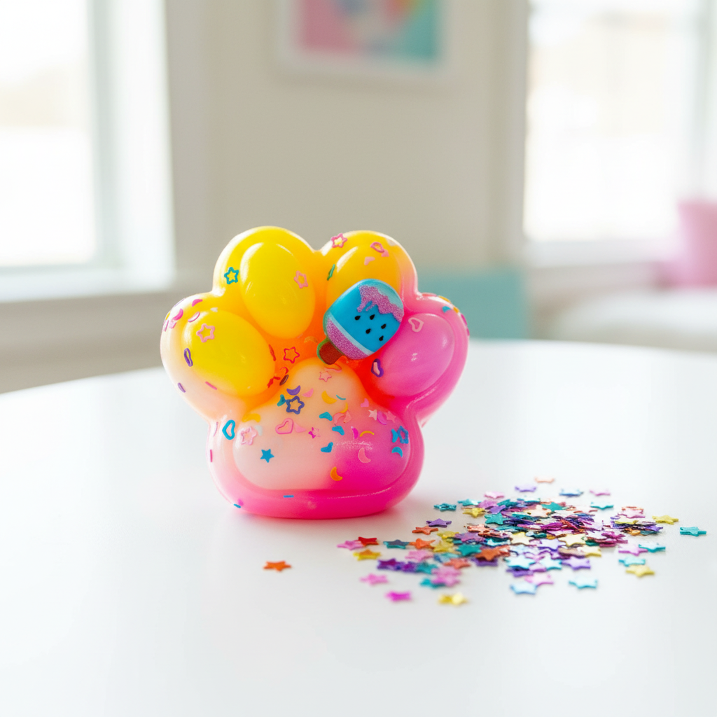 Pinchyz Cat Paw Series squishy patte chat jaune rose sur fond blanc avec confettis
