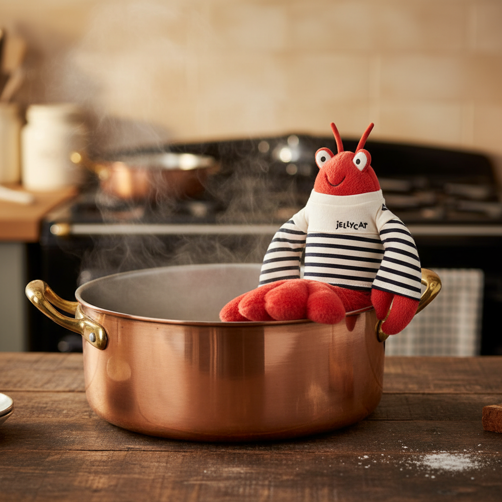 Peluche homard Jellycat Larry avec pull marin dans une casserole