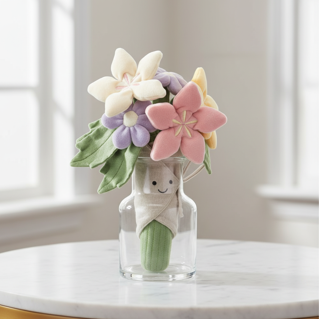 Peluche bouquet de fleurs Jellycat Amuseable dans un vase en verre sur marbre blanc