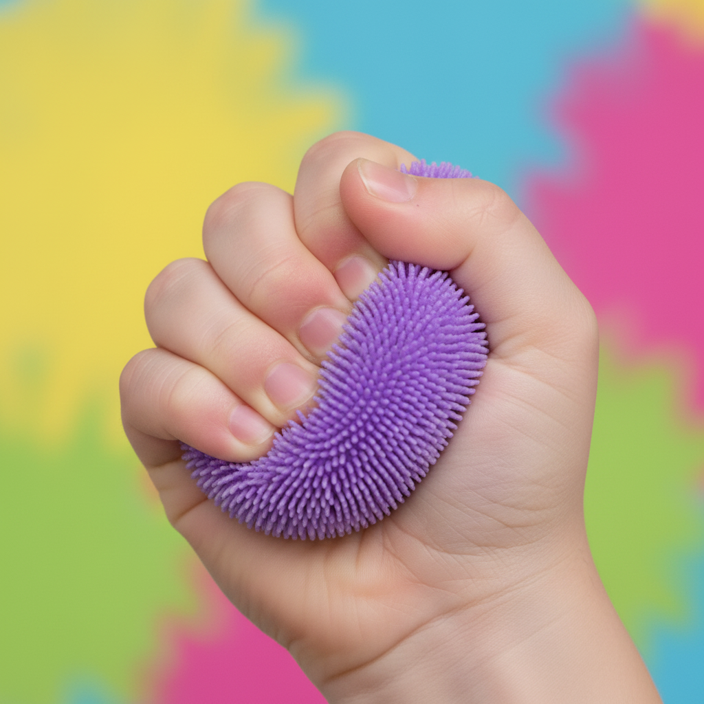 Main qui squeeze le Nee Doh Teenie Fuzz Ball violet velvet