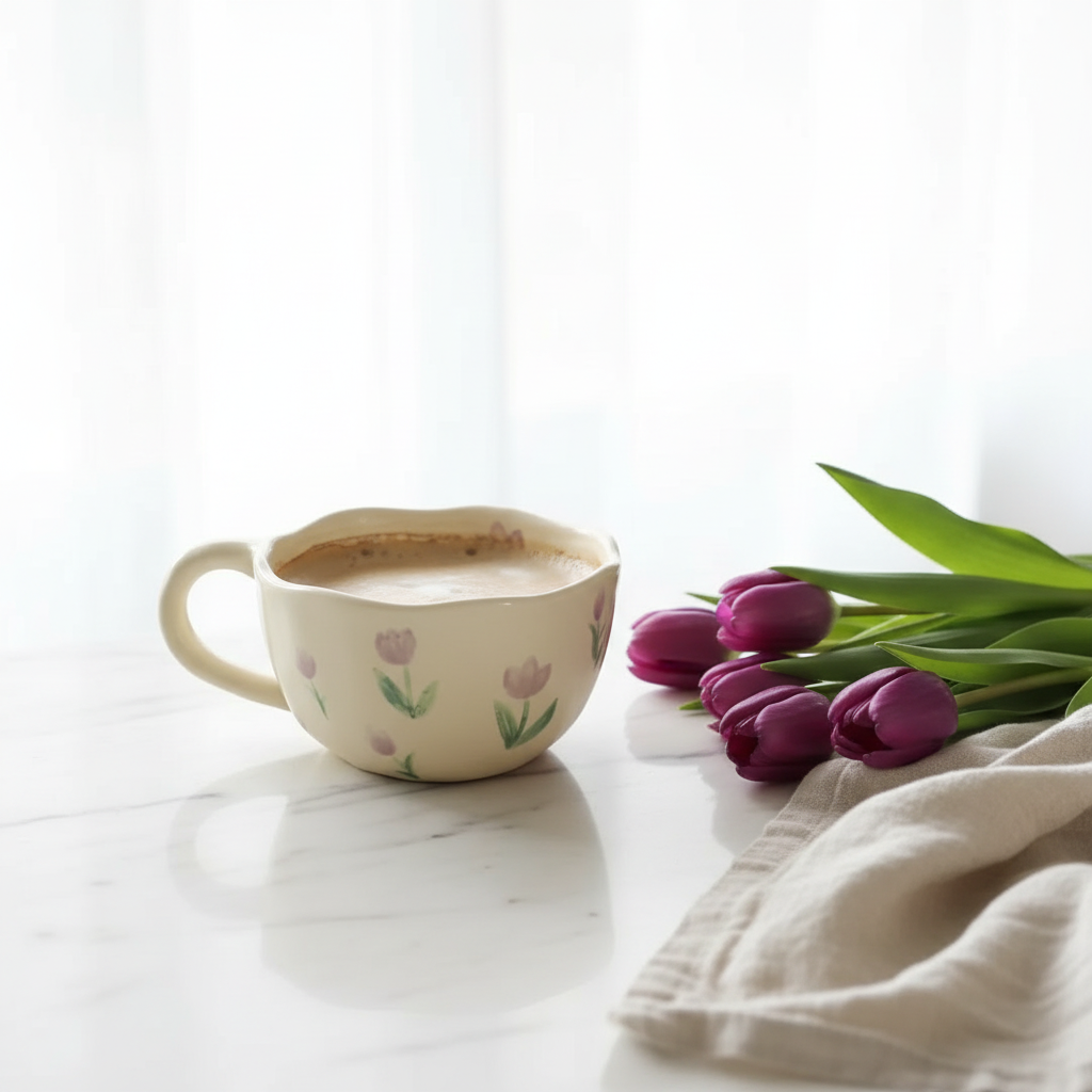 Tasse tulipe mauve sur marbre avec tulipes et lin