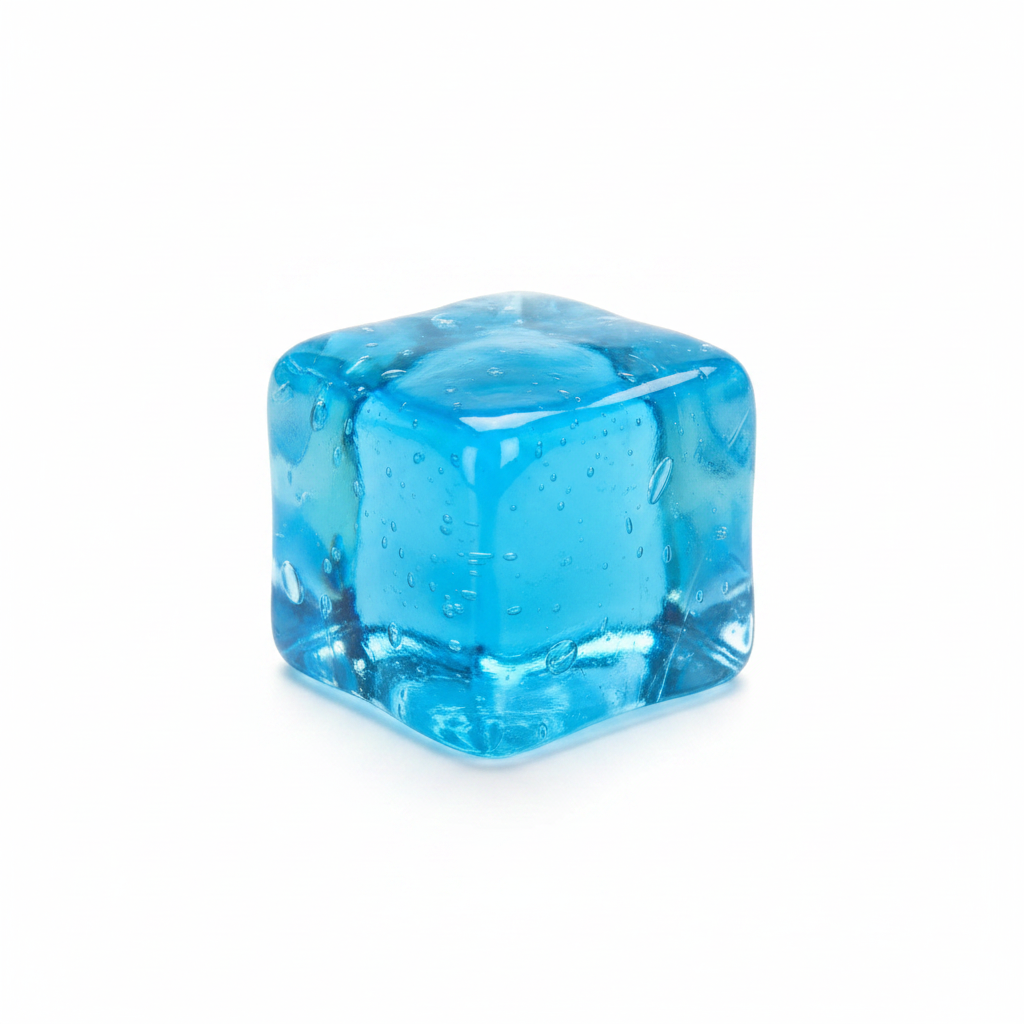 Cube de glace squishy bleu translucide à l'unité sur fond blanc