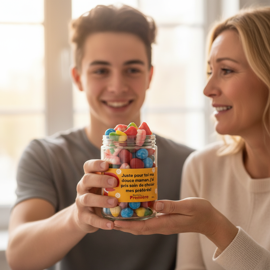 Enfant offrant un petit pot de jujubes Juste pour toi ma douce maman à sa maman