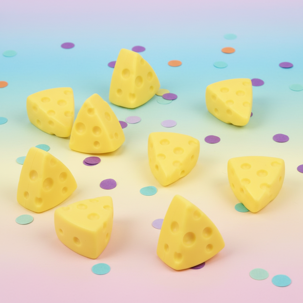 Photo lifestyle fun et colorée – fromages squishy sur fond pastel avec confettis
