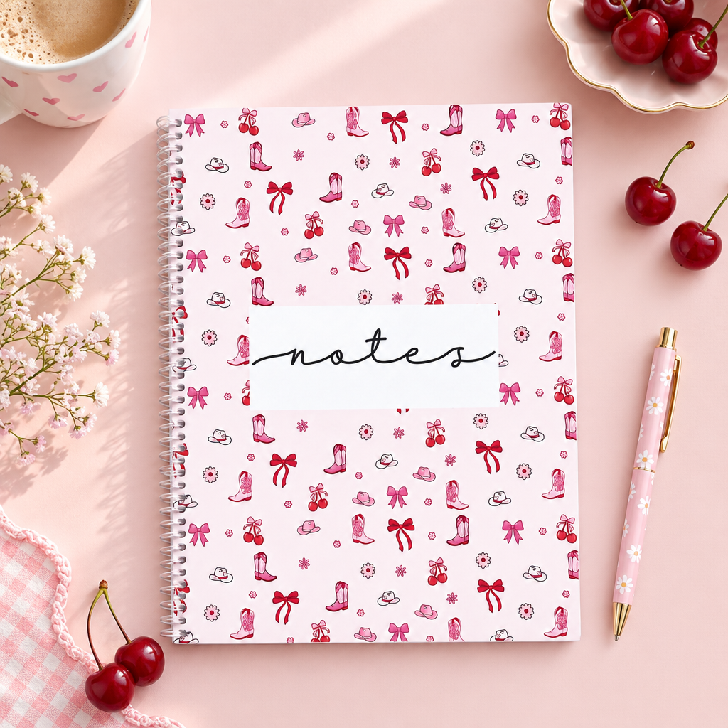 Grand cahier cowgirl et cerises présenté sur un bureau rose avec une tasse, un stylo et quelques cerises