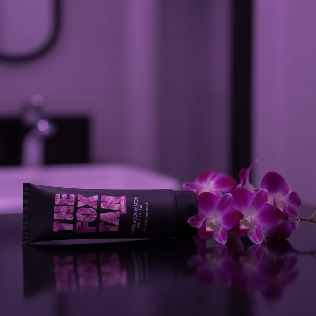 The Fox Tan Sunbed Rapid Accelerator sur surface sombre avec orchidées violettes