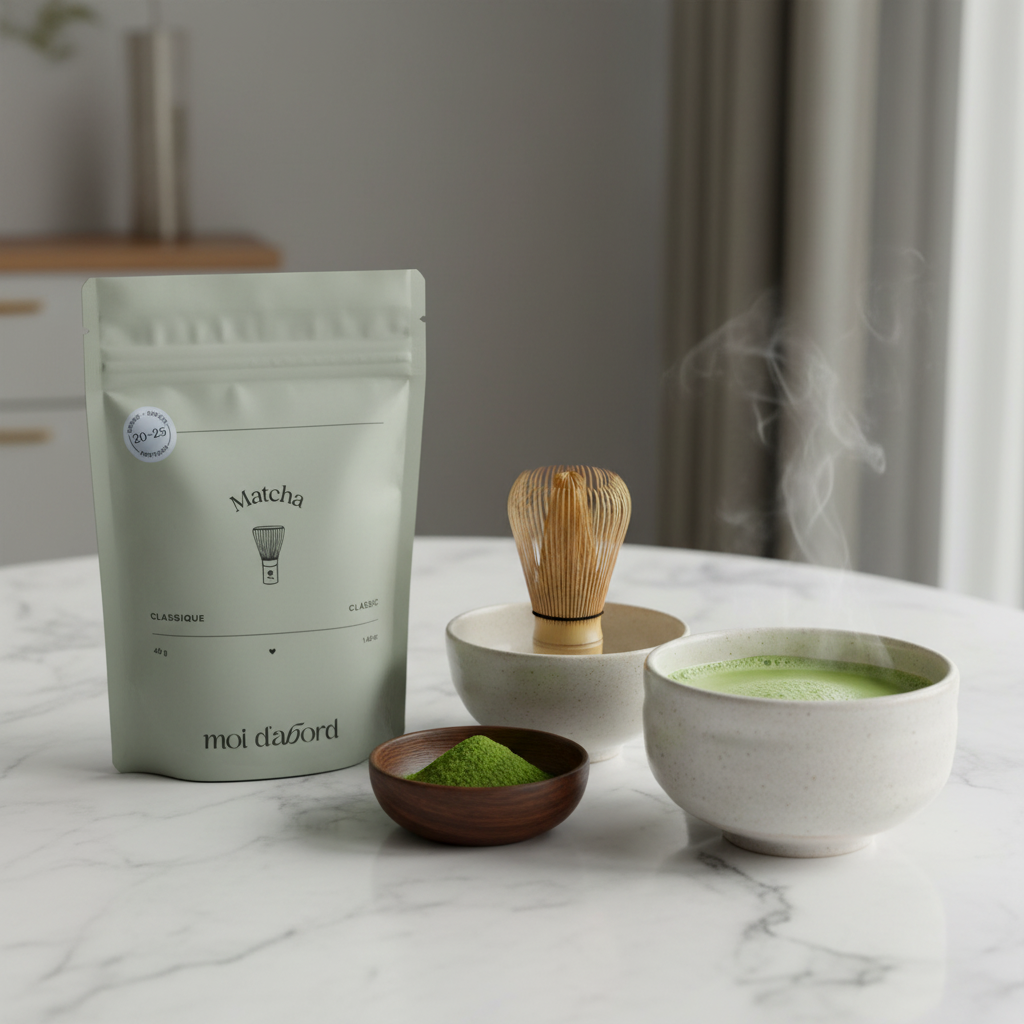 Sachet Matcha Classique Moi d'abord sur marbre avec fouet bambou et bol de matcha