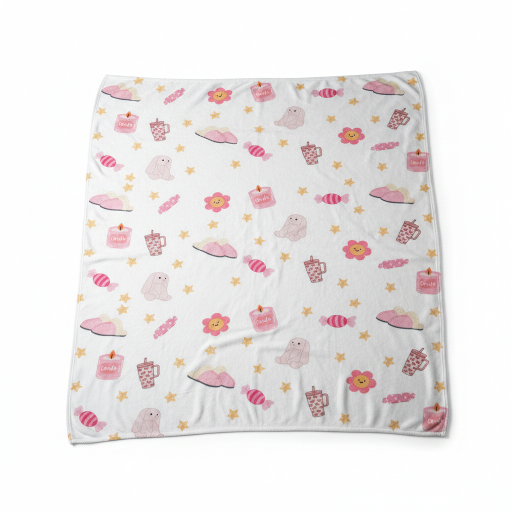 Couverture polaire Boutique Première étalée sur fond blanc avec imprimé rose mignon