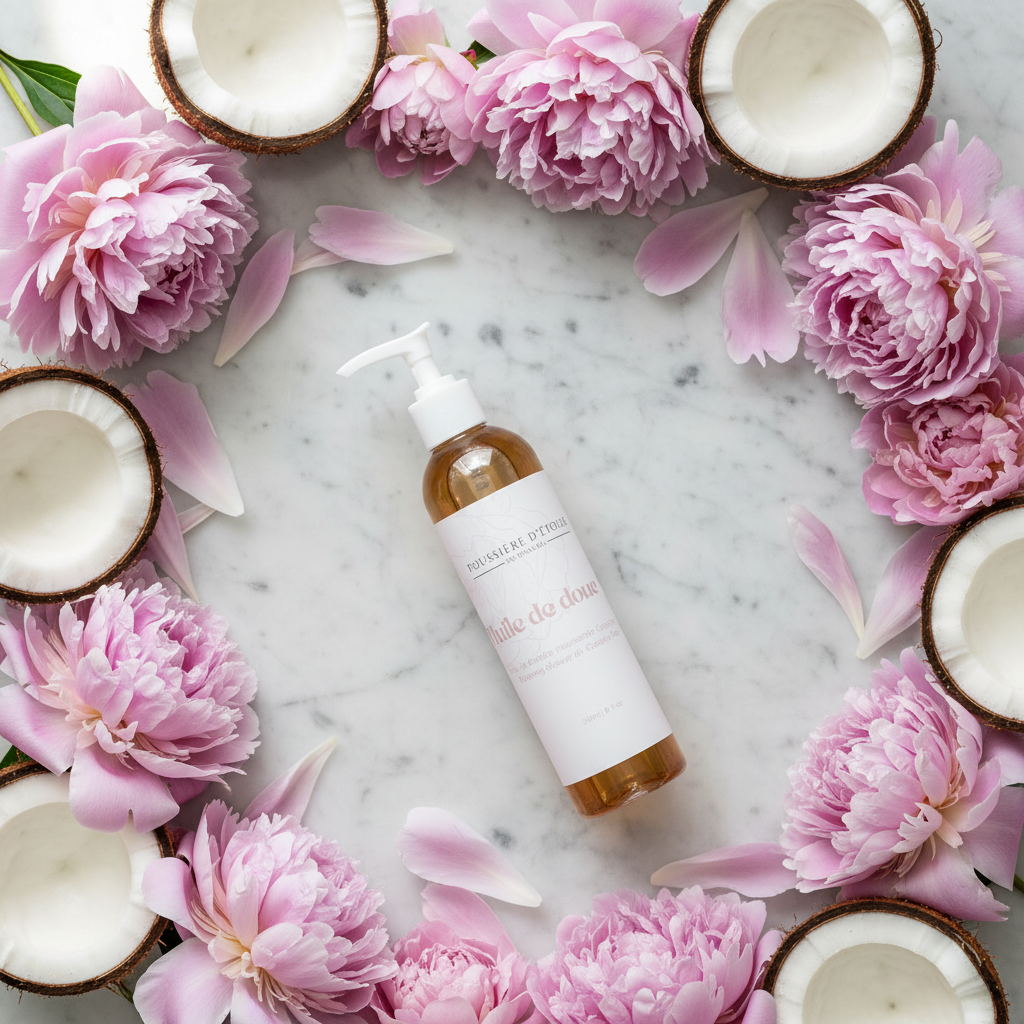 Huile de douche moussante Poussière d’Étoile Coco Pivoine sur marbre avec fleurs de pivoine et noix de coco, ambiance luxueuse