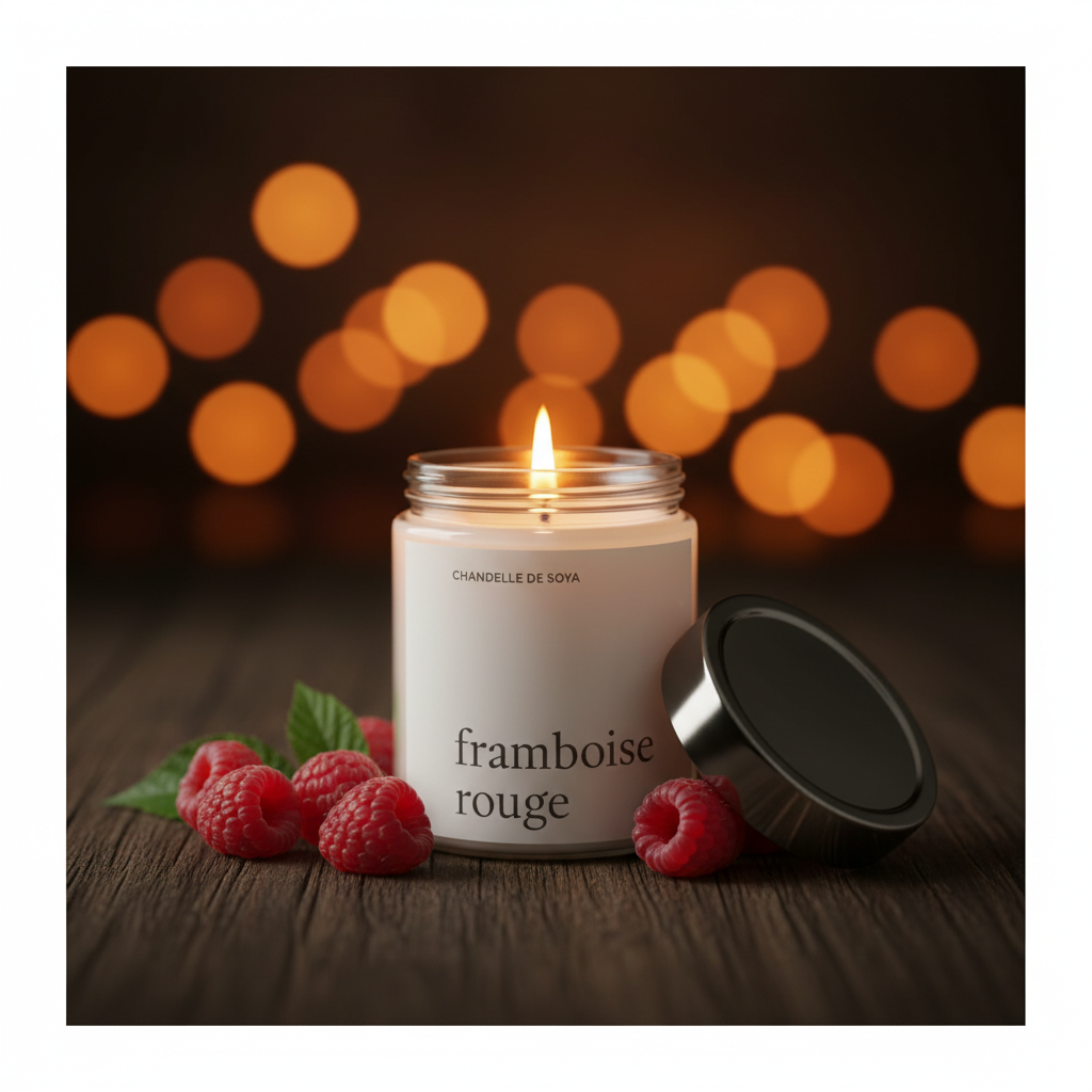 Chandelle de soya Framboise Rouge allumée sur surface en bois, ambiance cosy avec framboises rouges