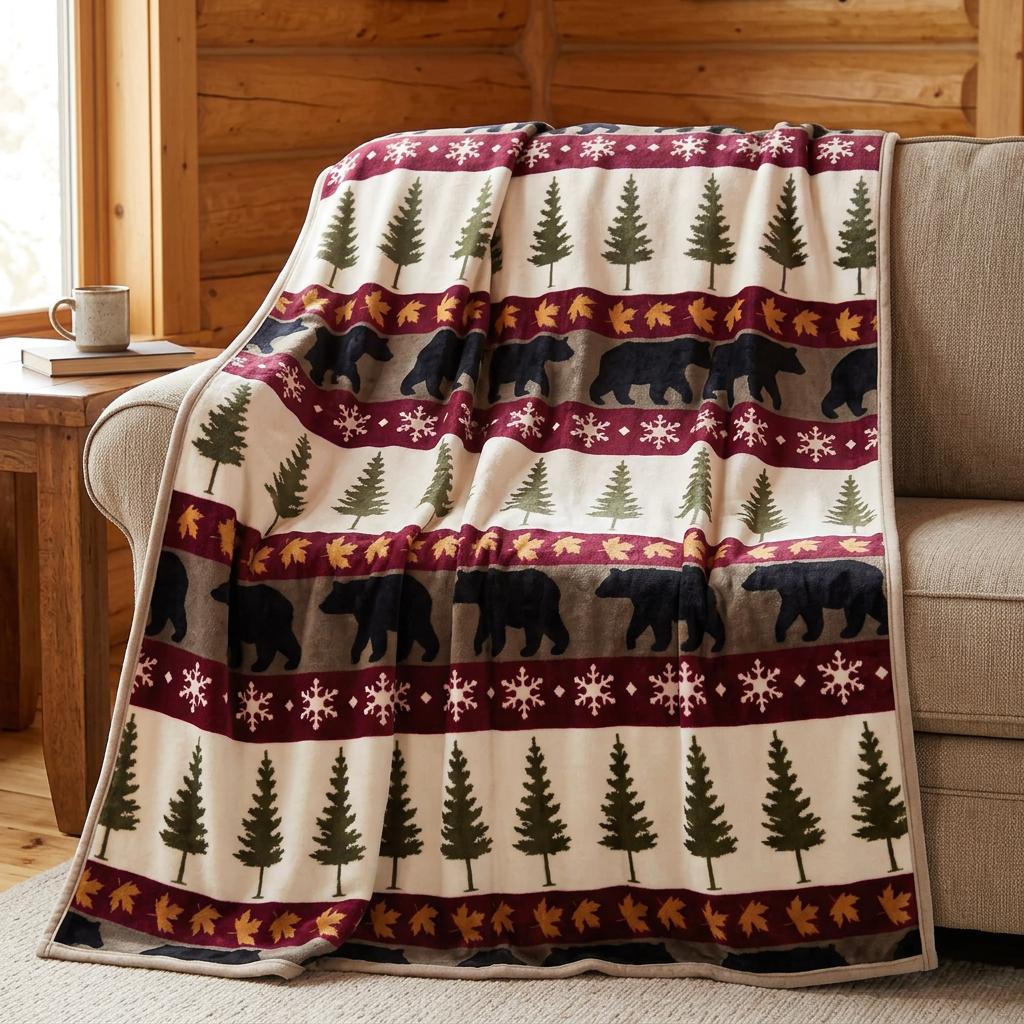 Couverture Tall Pine à motifs d’ours et de sapins drapée sur un canapé dans un chalet