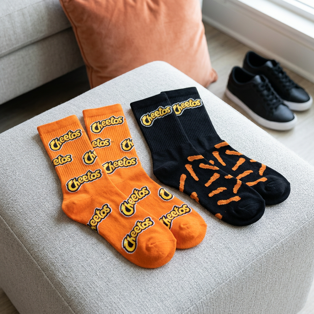 Deux paires de chaussettes Cheetos présentées sur un pouf dans un décor décontracté.